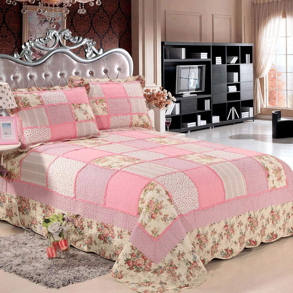 Floral Handmade Patchwork Quilt Set 3PCS Cotton Boho Chic All Season Bedspread for Comfortable Sleep 4PC Quilted Duvet Cover Set