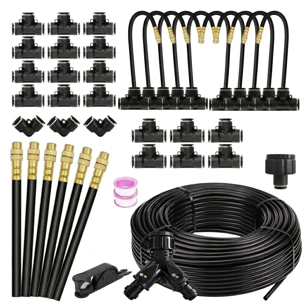 Garden Plant Mist Watering Kit 5-30M 8mm PE Hose 20cm 360 Degree Bending Brass Nozzle Spray For Atomized Automatic Irrigation