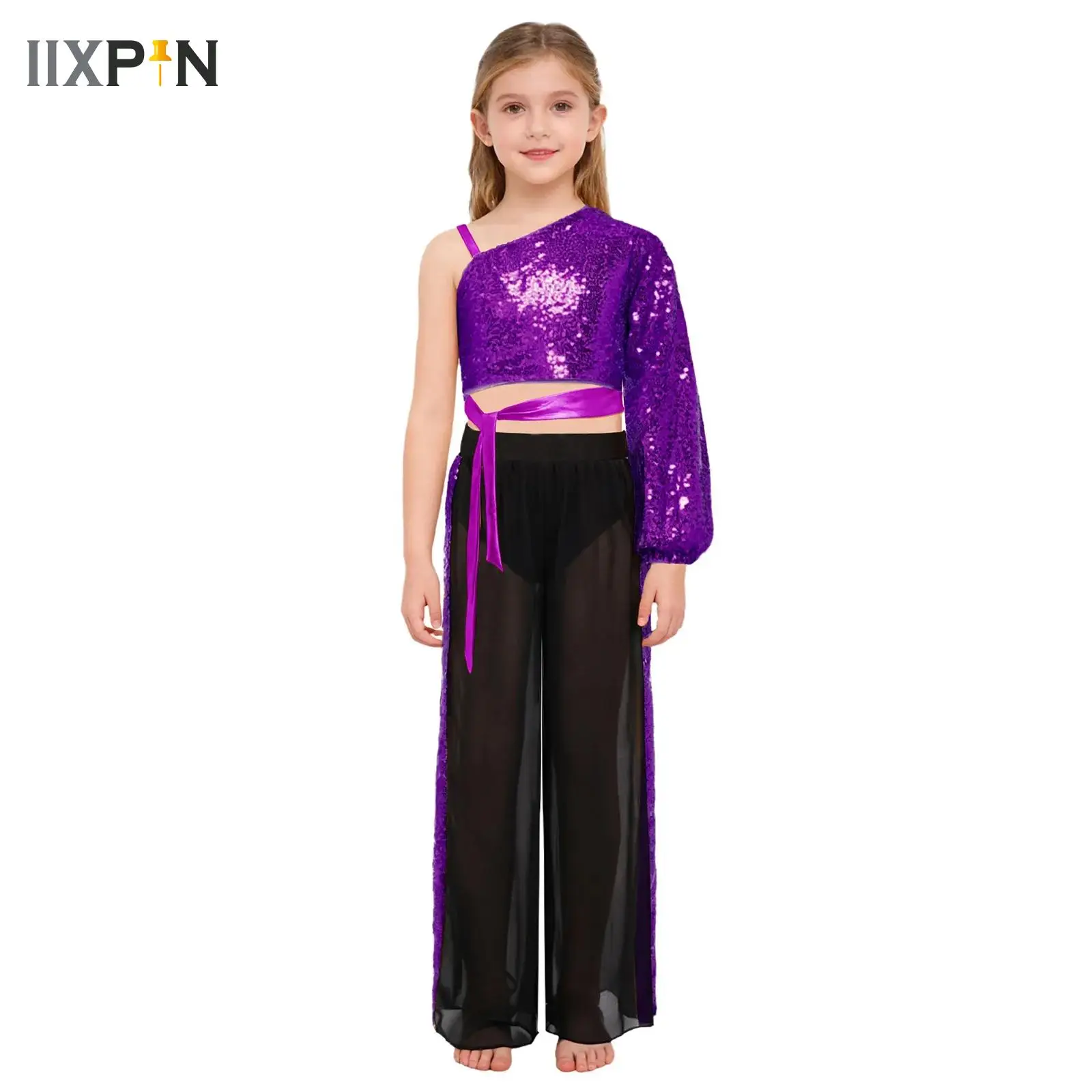 

Girls Lyrical Dance Set Ballet Jazz Dance Performance Costume Sequins Single Long Sleeve Crop Top+Chiffon Wide-Leg Dance Pants