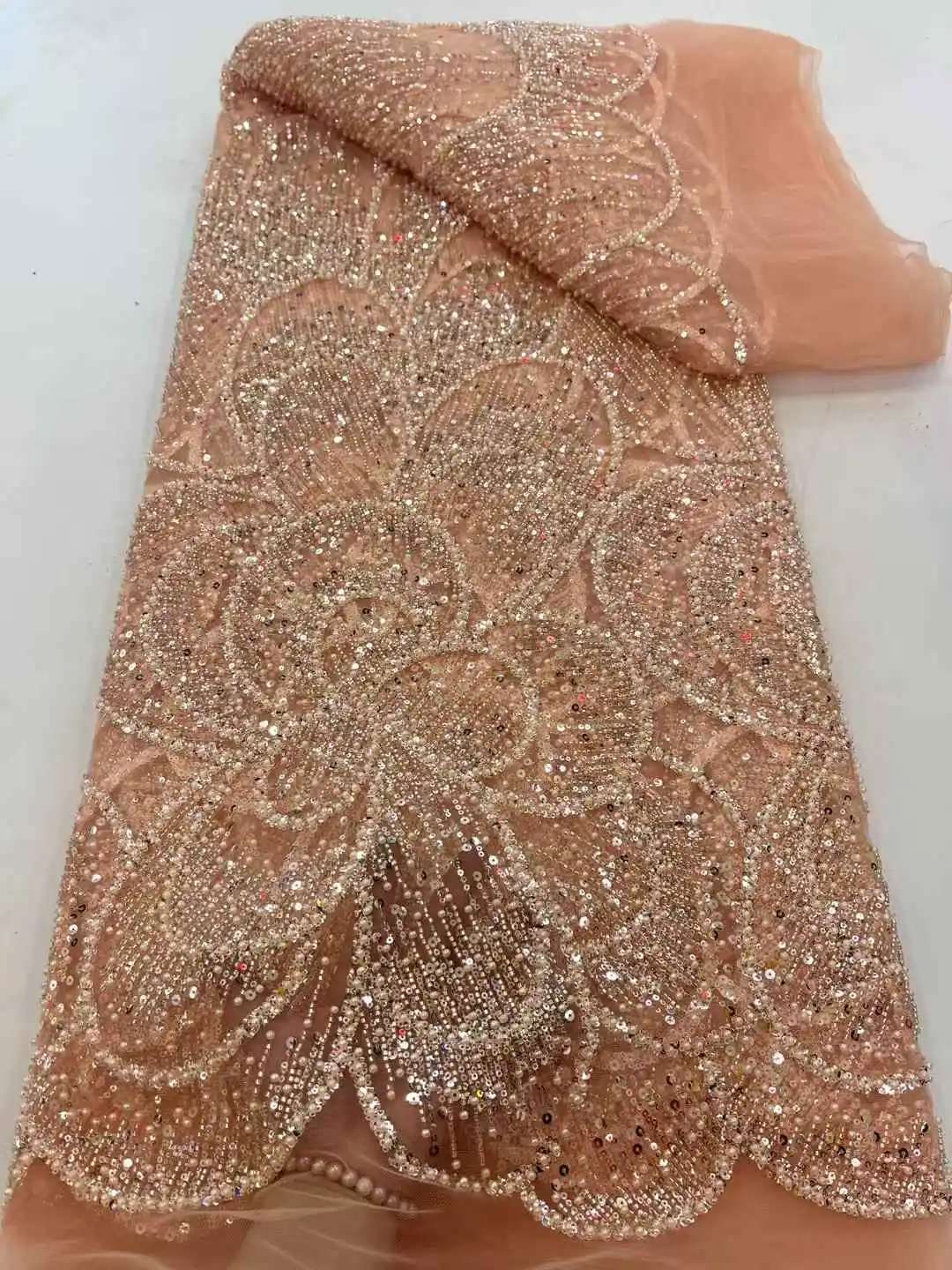African Heavy Beaded 2025 High Quality Nigerian Sequins With Pearl Lace French Tulle Fabric For Party Dress Sew