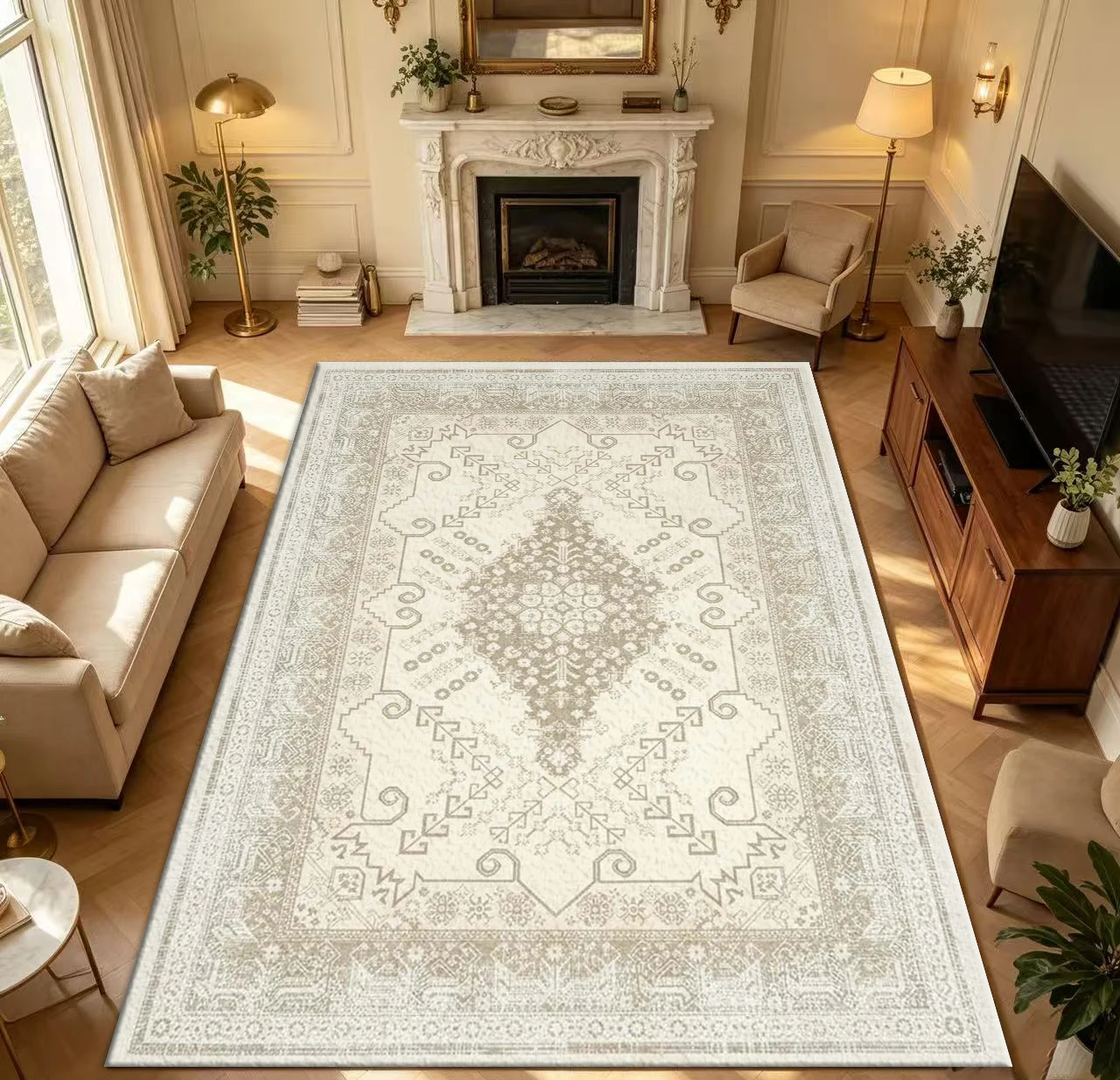 Square Beige Neutral Medallion Vintage Area Rug Non-Slip Washable Square Carpet For Living Room Bedroom Home Decor