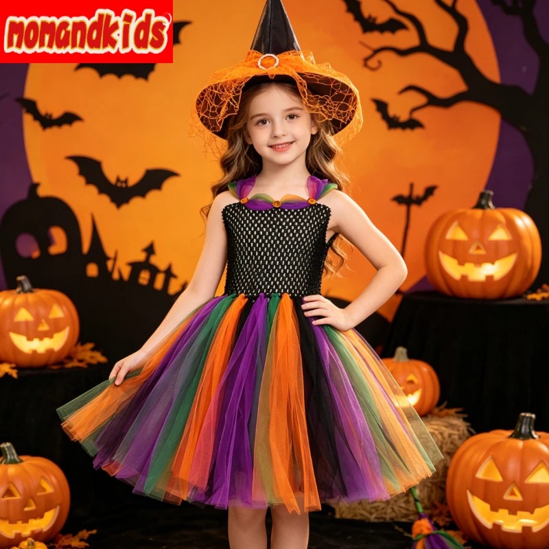 Rainbow Magical Witch Layered Tulle Tutu Gown Matched Pointed Hat and Magic Broom, Fantasy Costume for Halloween Masquerades