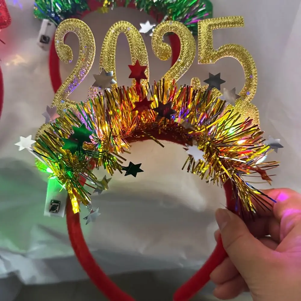 Sequin 2025 Happy New Year Headband Number Letter Crown Hair Hoop LED Glow Christmas Headpiece Christmas Supplies Plastic