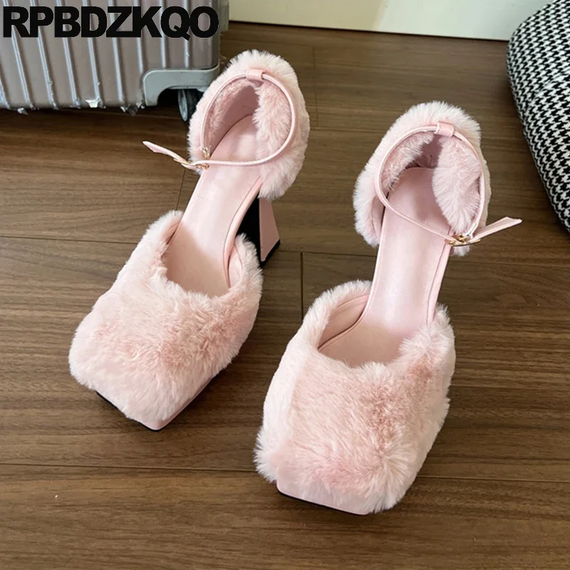 Ankle Strap Shoes Fur Plush Fluffy Square Toe Extreme High Fuzzy Block Pumps Sandals Platform Fetish Women Peach Heels Stripper