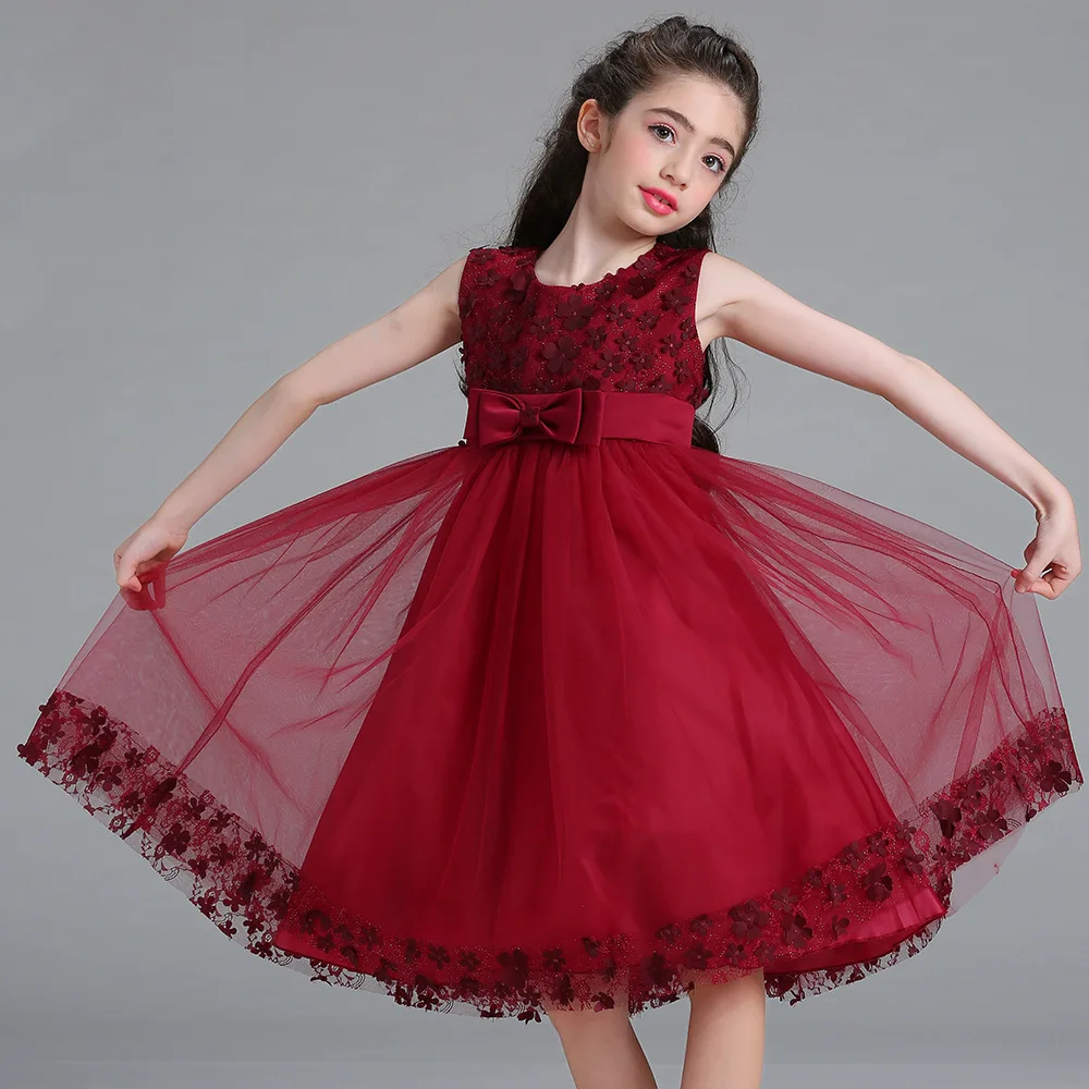 2-8 Years Summer Cute Girls Dress Petal Lace Design Big Bow Party Princess Dress For Girls Customized Wedding Attire Clothes