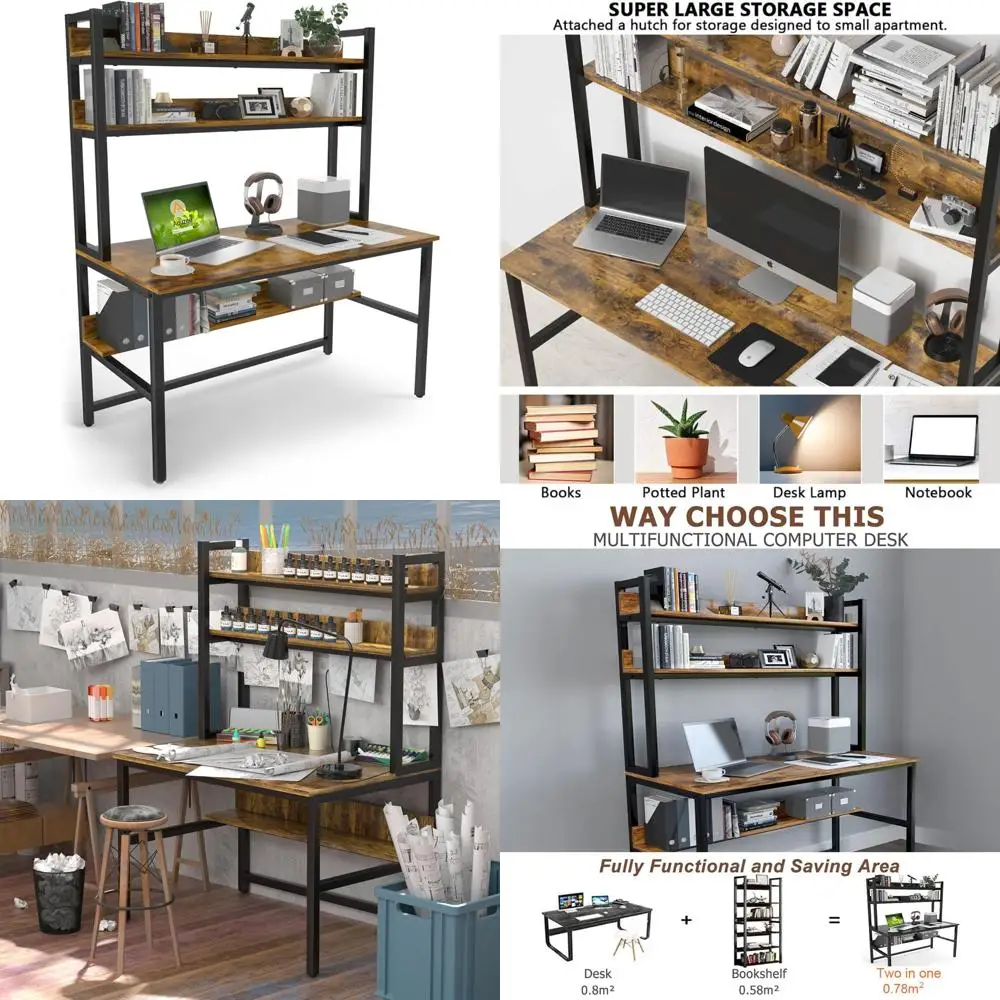 

Aquzee 47 Inch Wide Computer Desk with Hutch and Shelves, Tall Home Office Desk with Bookshelf, Metal Legs Study Table