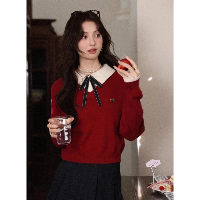 

ALXNAN Wine Red Vintage Pullover Fake Two-piece Color-blocking Bow Tie Women's Sweater Autumn Winter Loose Short Top DYL663059