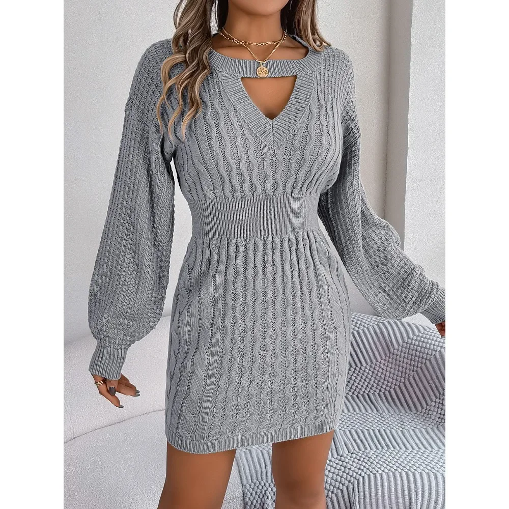 

Solid Fried Dough Twists Hollow Out Lantern Long Sleeve Hip Wrapped Woolen Knitted Mid Dress Women'S Wear Autumn Winter Style