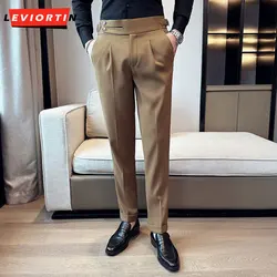 High Quality Elastic Suit Pants Men Italian Style Personalized Pleated Slim Fit Small Leg Suit Pants Business Formal Trousers