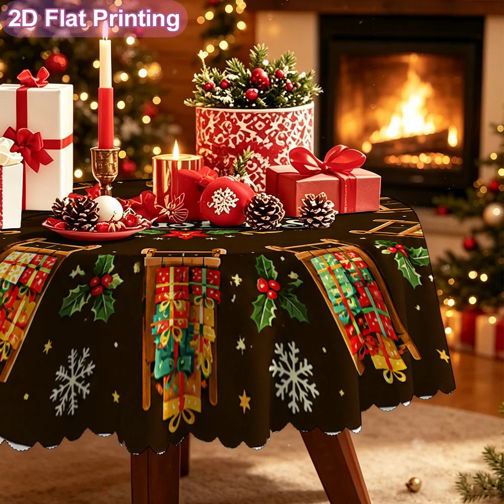 2D flat single-piece tablecloth, Christmas sled gift mat, Halloween-themed design, scary round tablecloth, polyester material