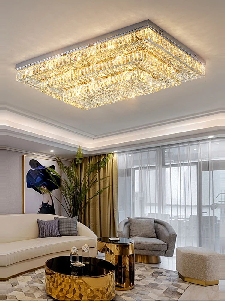 Dimmable LED Rectangular Round Silver Gold Clear Crystal Lamparas De Techo 2024 Chandelier Ceiling Lamp For Living Room