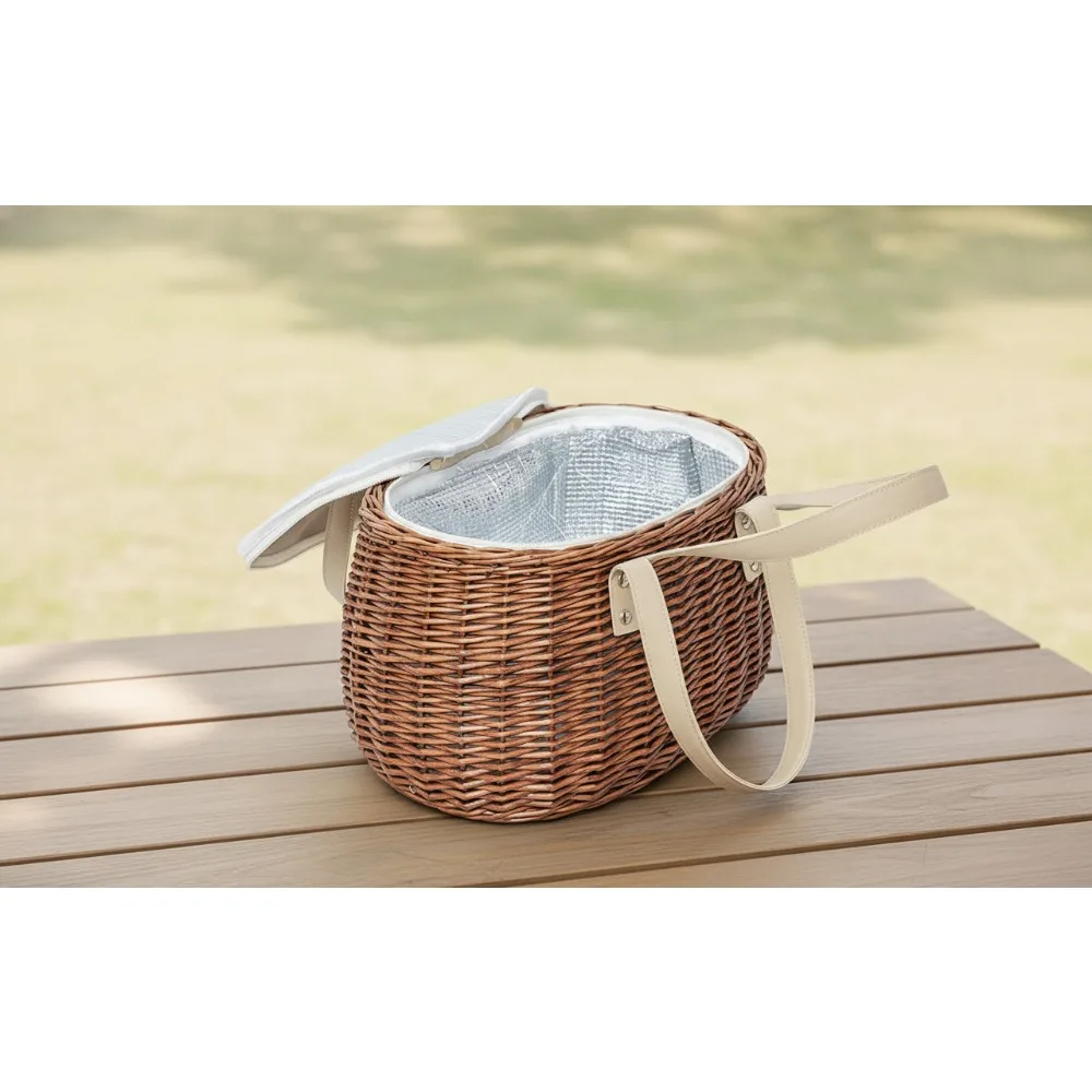 

Natural Wicker Insulated Picnic Basket with Cooler Bag - Camping Outdoor Easter Gift for Family