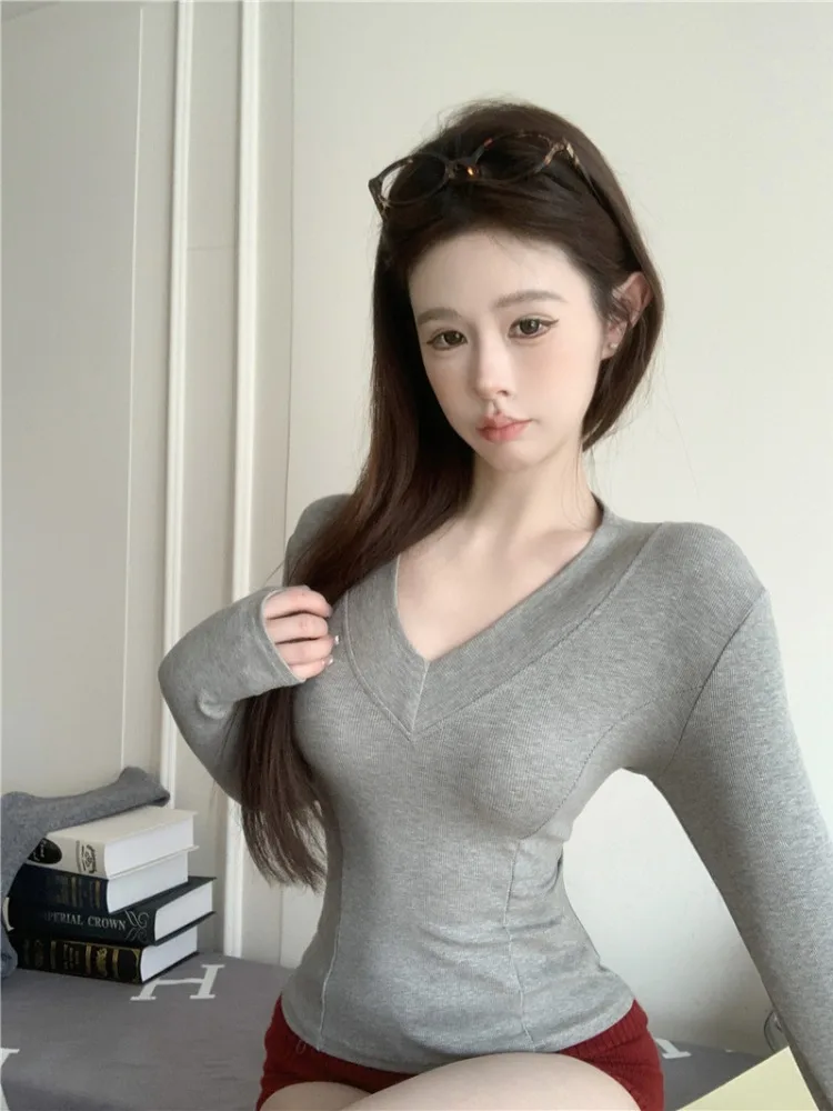 

Unique V-Neck Long Sleeve Fleece-Lined Base Shirt Women's Spring Autumn Inner Wear Sexy Pure Desire Spicy Girl Special Beauty