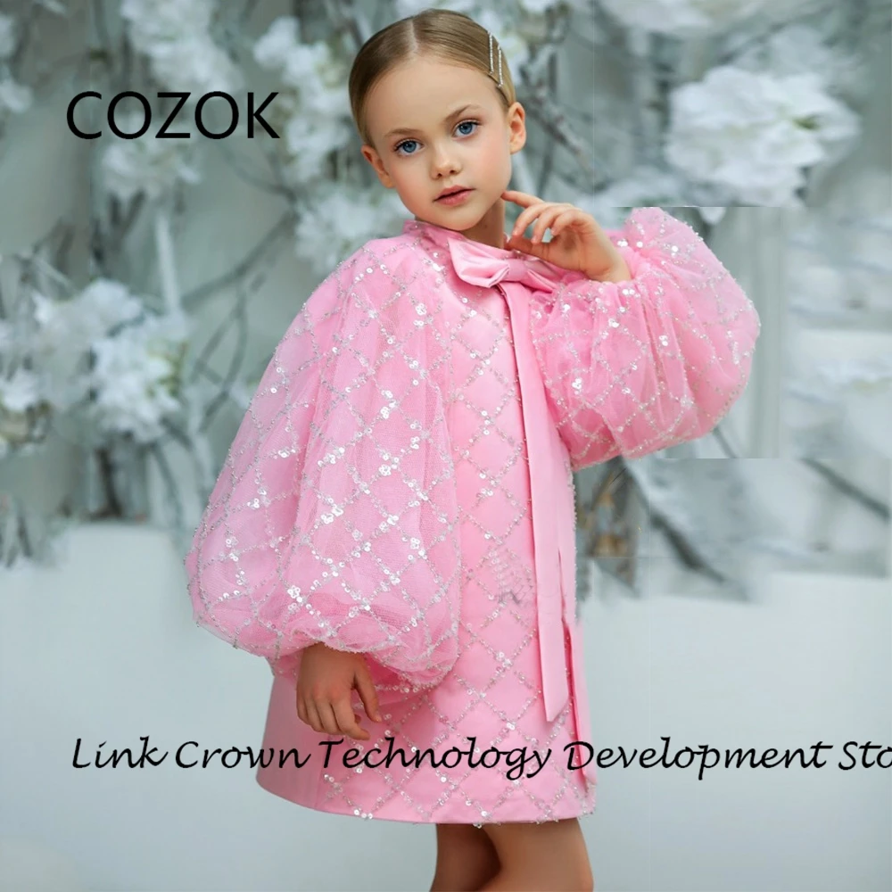 

COZOK Pink Flower Girls Dresses for Princess Puffy Sleeve Wedding Party Dresses New 2024 Summer Knee Length فلور فتاة اللباس