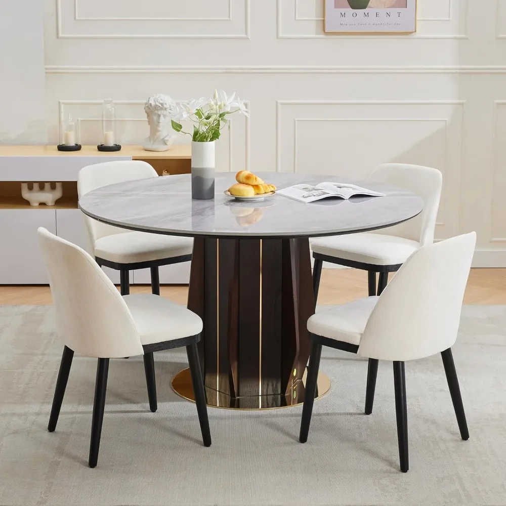 Dining Chairs Set of 4: Upholstered Fabric with Wood Legs, High-Back, Thick Cushion, Beige