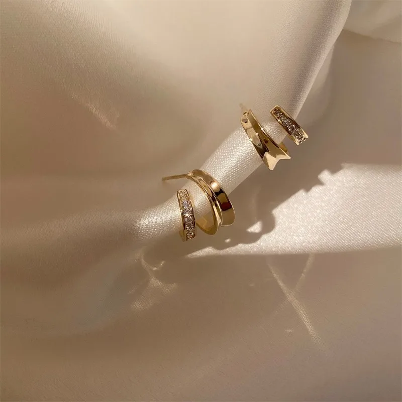 2024 New Vintage Gold Color C-Shaped Stud Earrings for Women Double Ring With Zirconia Temperament Jewelry Party Gifts