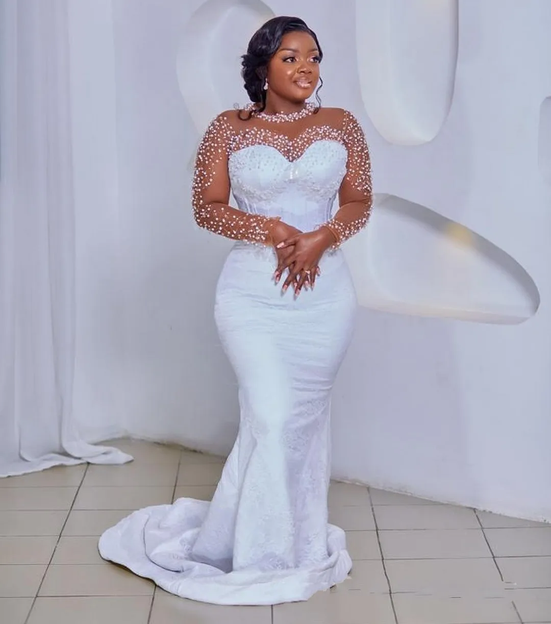 

New Black Women Wedding Dress 2026 Sheer Neck Long Sleeves Beaded Lace Pearls Bride Gowns Vestidos De Novias