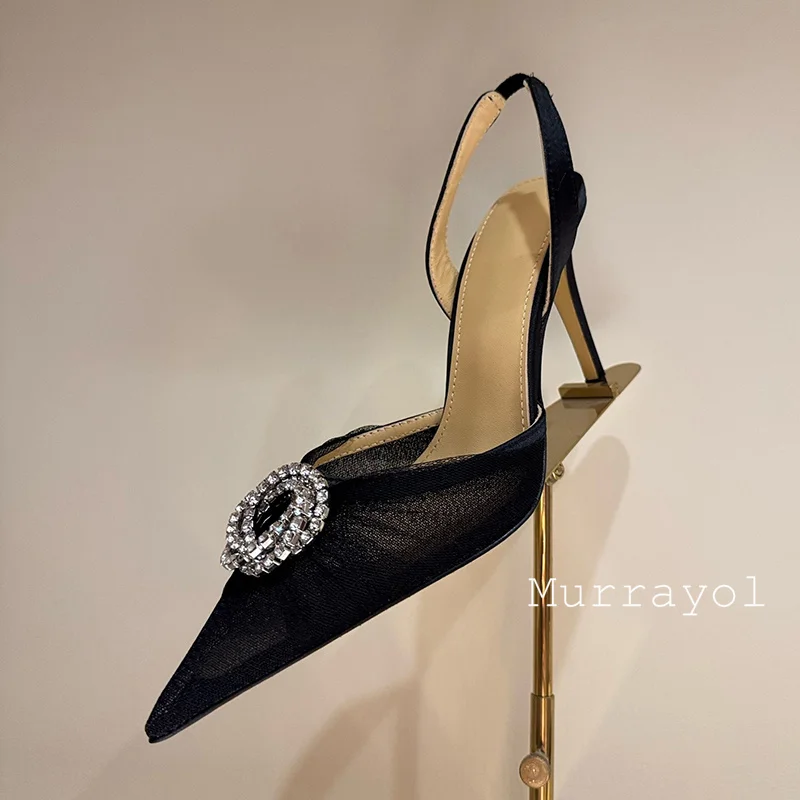 الدانتيل شبكة أشار تو مغلقة اصبع القدم الصنادل النساء حجر الراين ديكور مثير رقيقة عالية الكعب Sandalias الصيف فستان الحفلات الأحذية