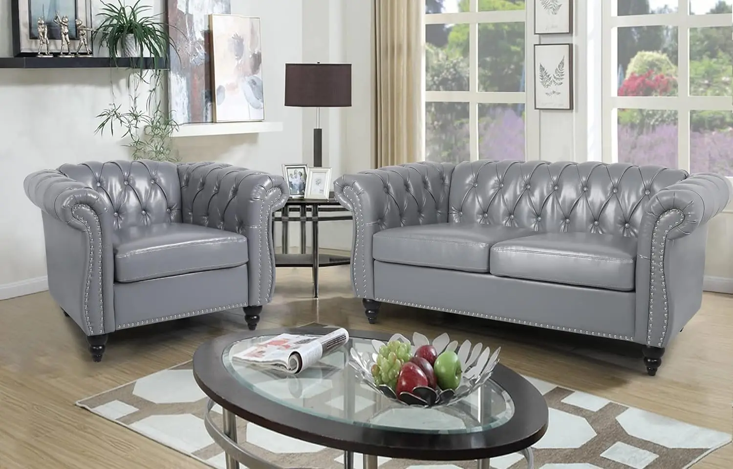 Tufted Faux Leather Loveseat & Accent Chair Set with Nailhead Trim Scroll Arms for Living Room Home, Grey, Customized