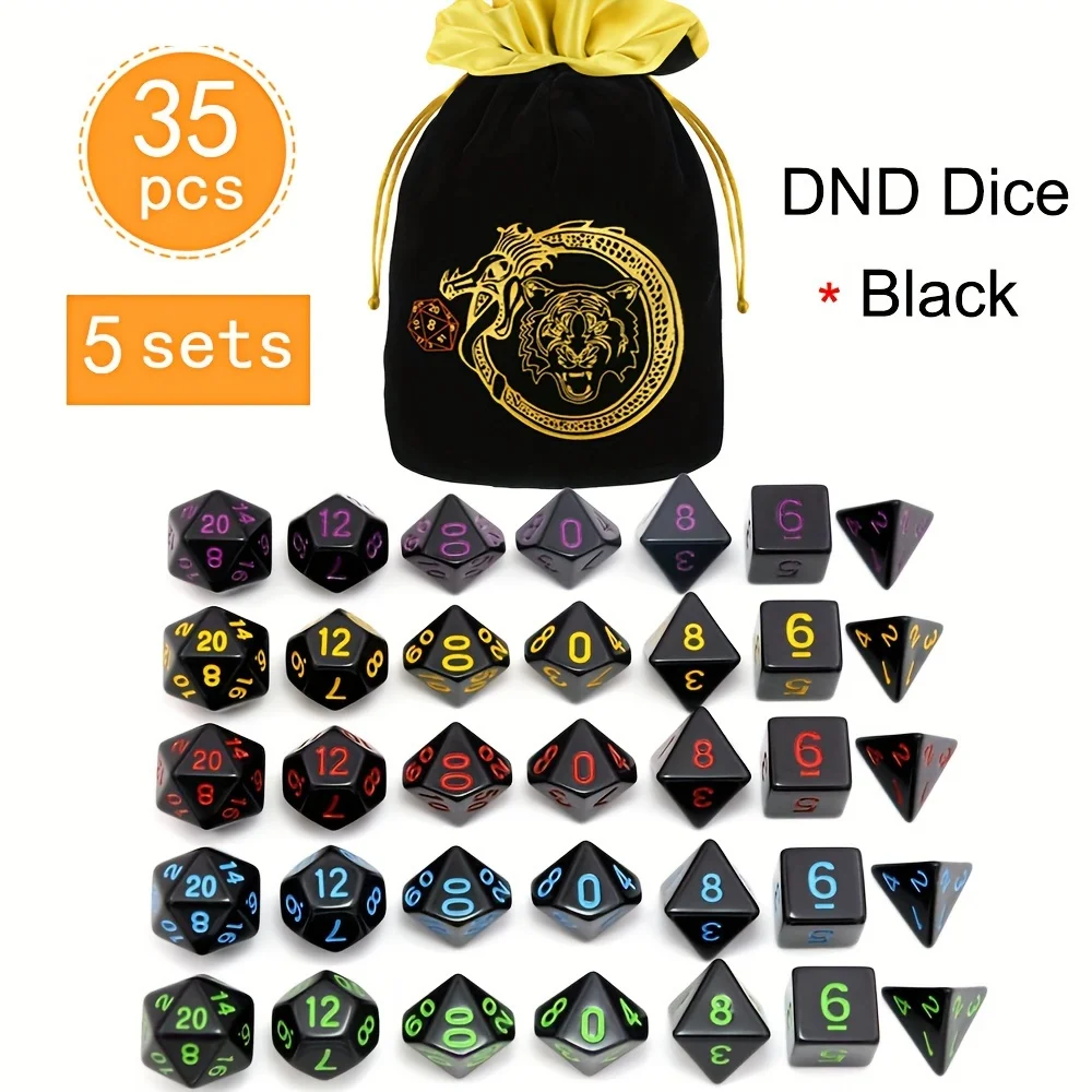 DND 5 Sets 35 Pcs Polyhedral Dice with a Creative Pattern Satin-Lined Velvet Bag for DND RPG MTG, Great Gift for Halloween view 4