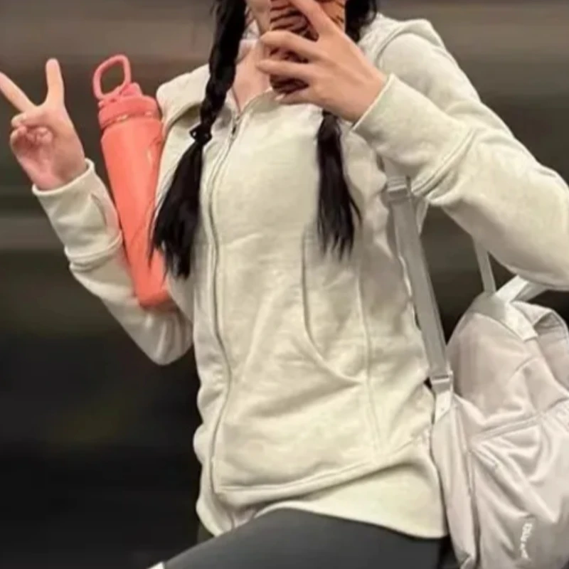 Frauen Koreanischen Stil Streetwear Zip Up Kapuzen Sweatshirt Lässige mode einfarbig wolle pullover jacke beliebte kleidung Harajuku