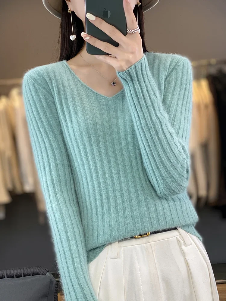 Mink Cashmere V Neck Pullover for Women Striped Versatile Autumn Winter Knit Top