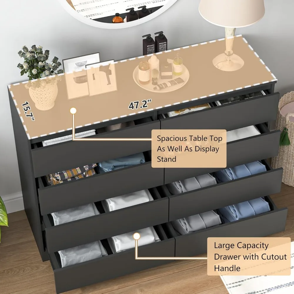 Vibe & Dine Cômoda dupla com 8 gavetas, cômoda moderna de madeira com amplo armazenamento para armário, quarto, sala de estar, preta
