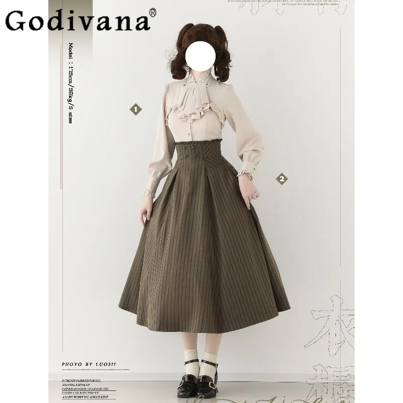 

2026 Spring and Autumn New Japanese Style Original Retro Elegant Lady Half Skirt CLA Series Versatile Striped Women's Half Skirt