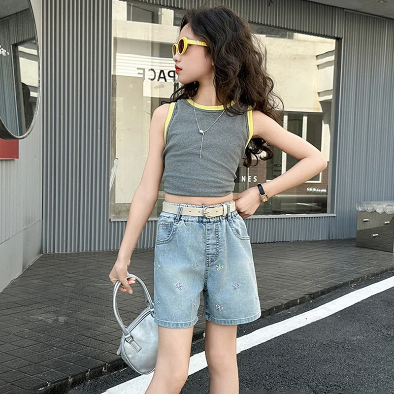 2026 Summer Teen Girls Bow Embroidery Denim Shorts Elastic High Waist Casual Jean Shorts Kids Sweet Loose Wide Leg Short Pants view 3