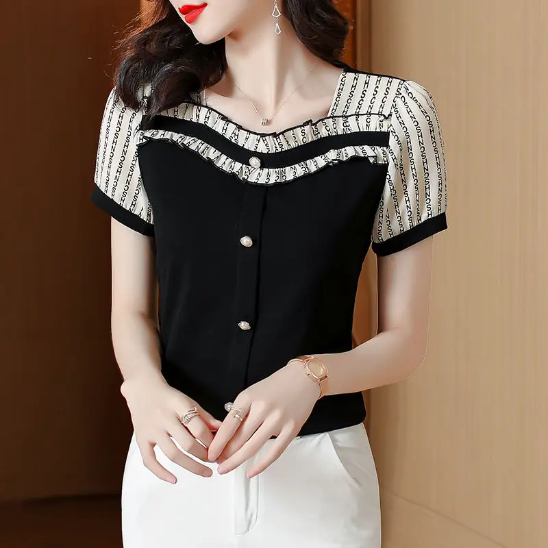 Elegant Spliced Ruffles Letter Printed Puff Sleeve Blouse Women\'s Clothing 2023 Summer New Oversized Casual Tops Sweet Shirt