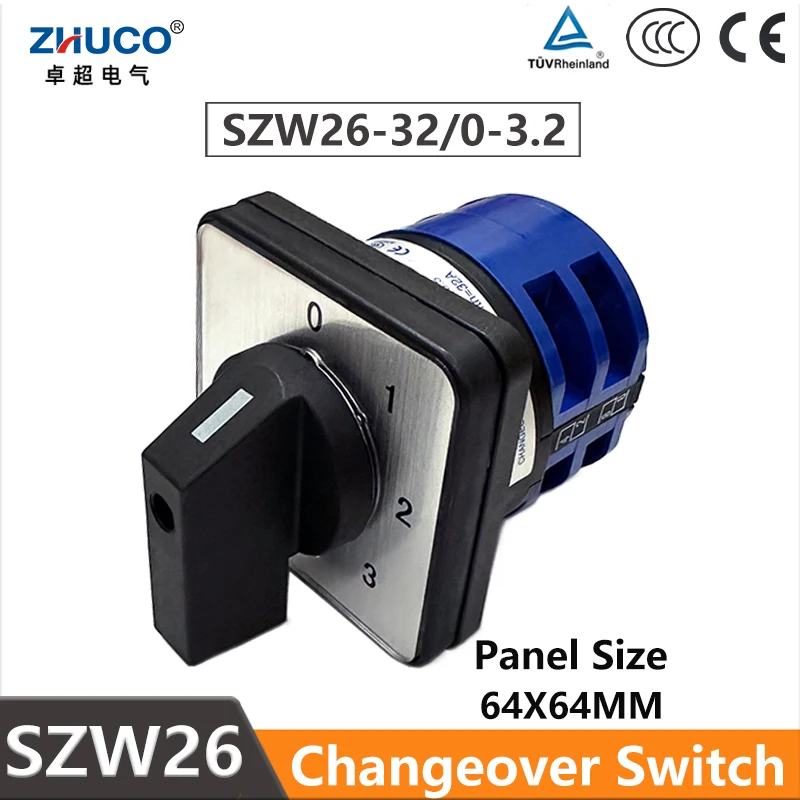 ZHUCO SZW26/LW26-32 32A 660V 0-3 4 Position 2 Phase 8 Terminal Screws Manual Elecrical Universal Rotary Cam Changeover Switch