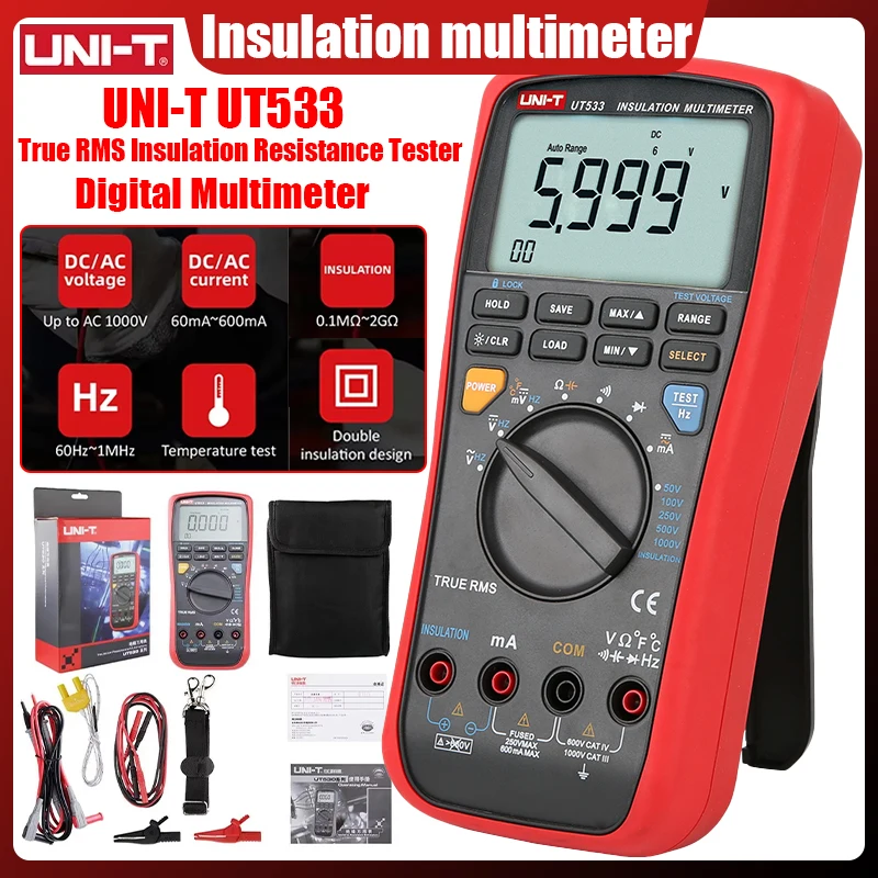 UNI-T UT533 True RMS Insulation Resistance Tester Digital Multimeter Auto Range AC DC ohm Megohmmeter Voltmeter Capacitance Test
