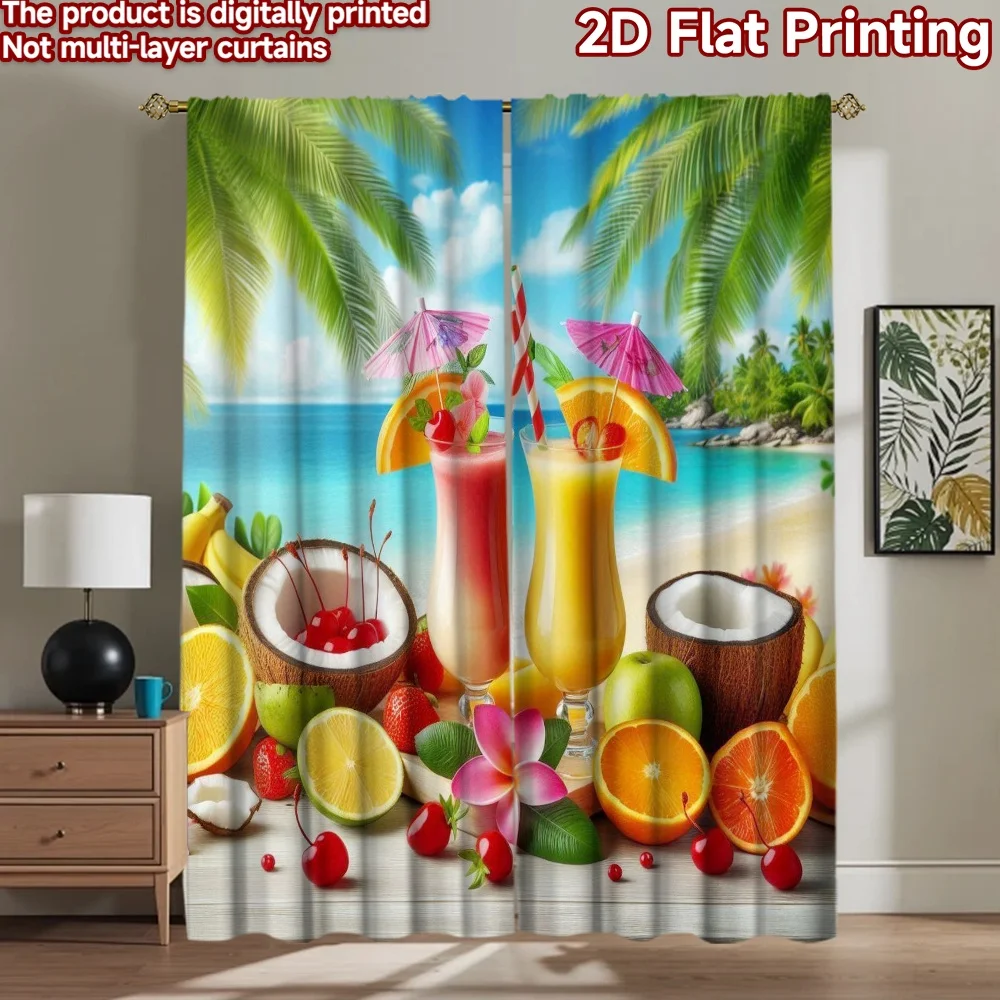 2D flat 2pcs Curtain Home Short Curtains Tropical Beach Cocktails Digitally printed polyester Festive Curtains Use for New Year