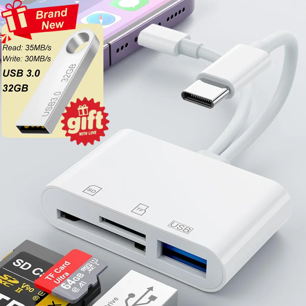 

5-in-1 OTG Card Reader Type C to Lightning USB SD TF Memory Card Adapter for iPhone 14 15 16 Huawei iPad OPPO Free 32GB Drive