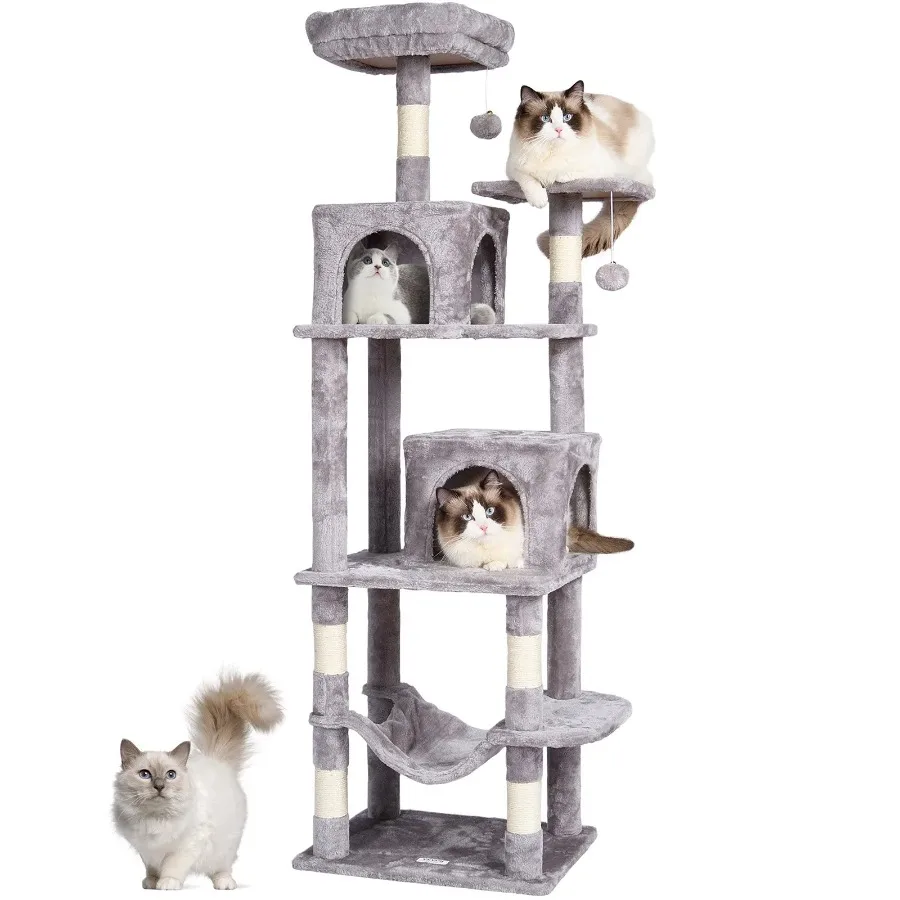 

Cat Tree 63" Cat Tower with 2 Cat Condos Sisal Scratching Post Light Grey
