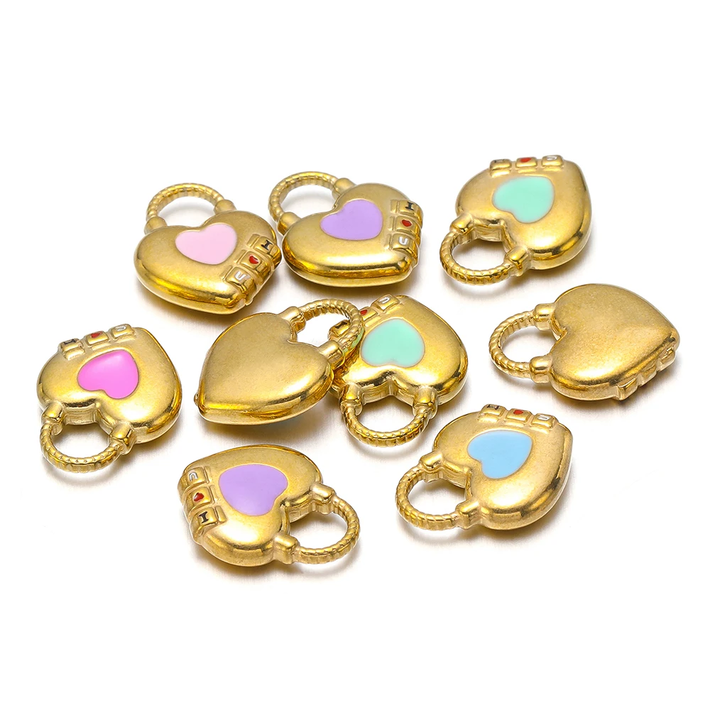 Dijes de corazón esmaltado de acero inoxidable para mujer, 5 piezas, colgante de bloqueo para collar, fabricación de joyería exquisita, accesorios de pulsera y pendientes