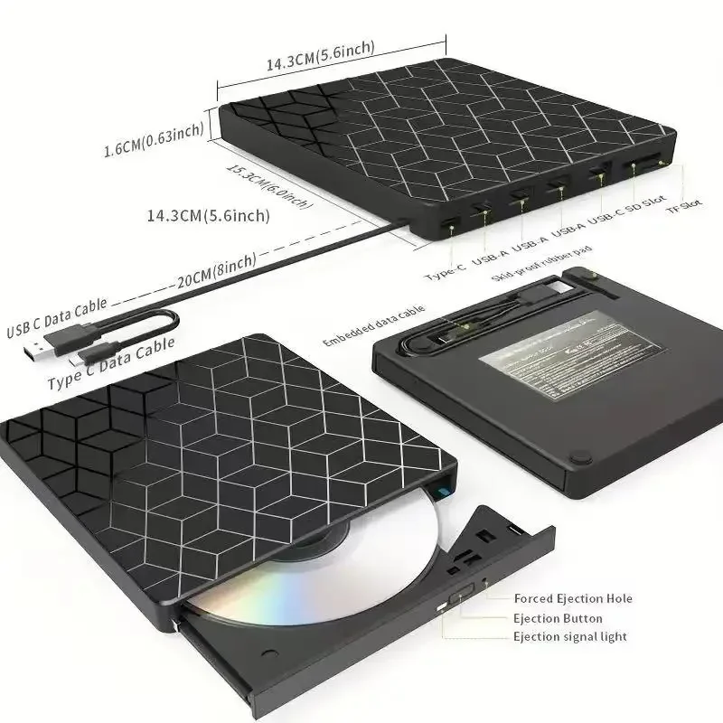 7 in 1 External CD Player DVD Burner USB3.0&Type C Optical Drive CD RW DVD Recorder Writer Reader Portable For Laptop Desktop