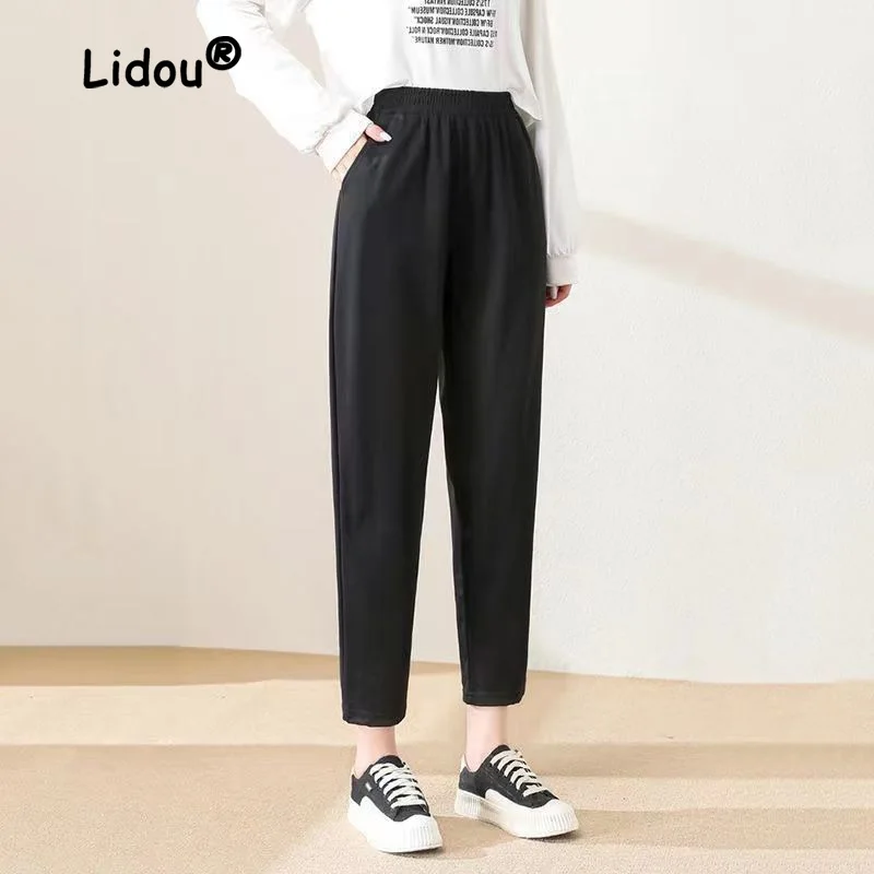 

Plush and Thicken Ninth Pants Women Autumn Winter Classic High Waist Loose Casual Black Fashion All-match Lady Trousers 2022