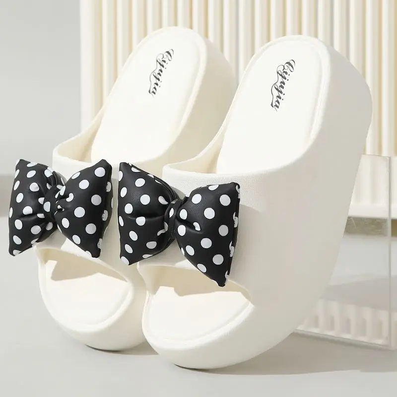 

New polka dots bow high heel slippers woman summer platform home shoes women 5.5 cm elevator increase slipper odorless EVA shoes