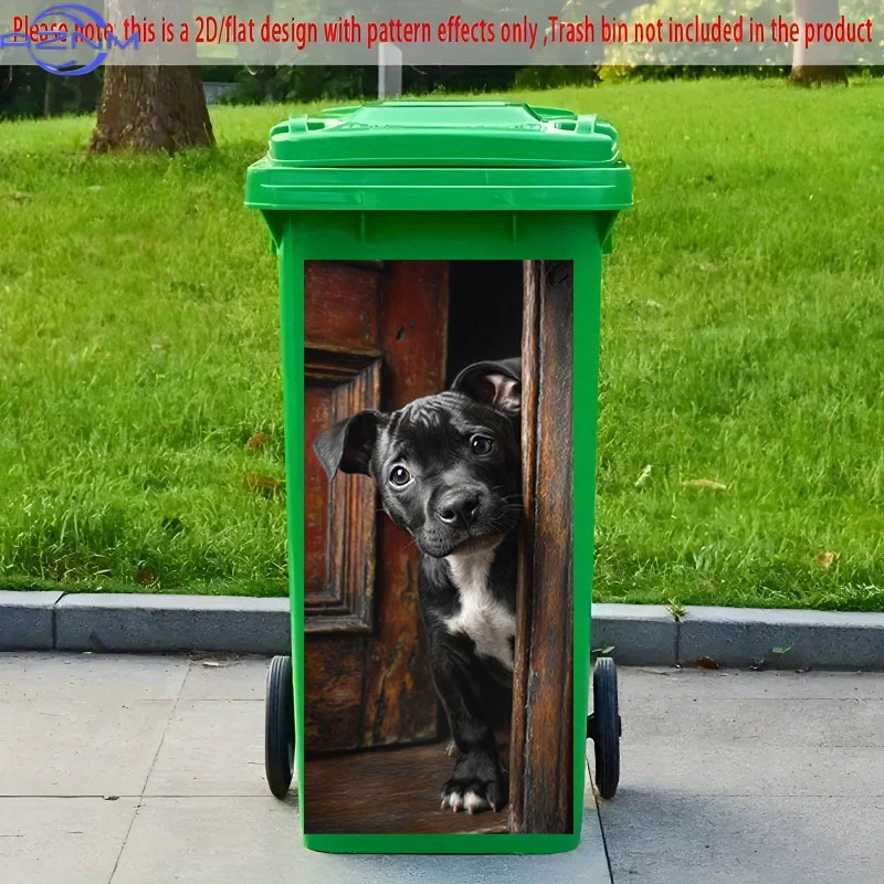2D Flat Printing 1pc 2D Pattern Printed Kitchen Trash Can Sticker xcm, Cute Dog Peeking Behind Wooden Door Themed Kitchen Home