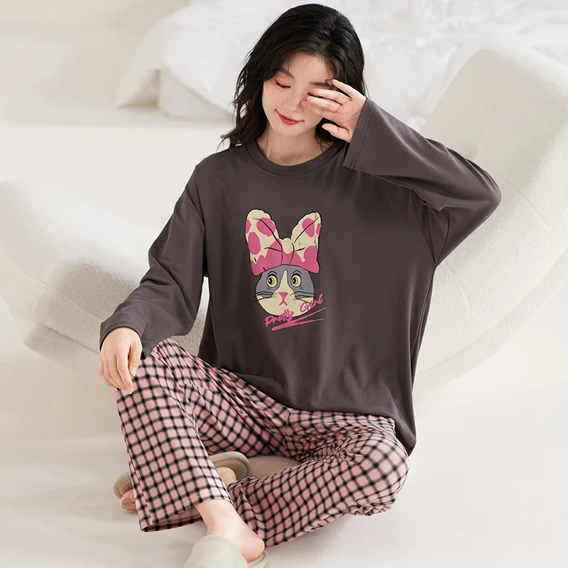 Cat Pajamas Set Women Pink Plaid Cute Kawaii Long Sleeves Long Pants Autumn Winter Soft Pijamas Cozy Sleepwear Girls Pyjamas Pjs