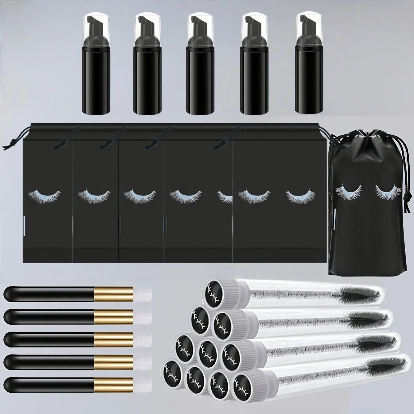 20Pcs Lash Care Kit - 5 Foam Pumps + 5 Detail Brushes + 5 Wand Applicators + 5 Storage Bags | Salon Hygiene Travel Set