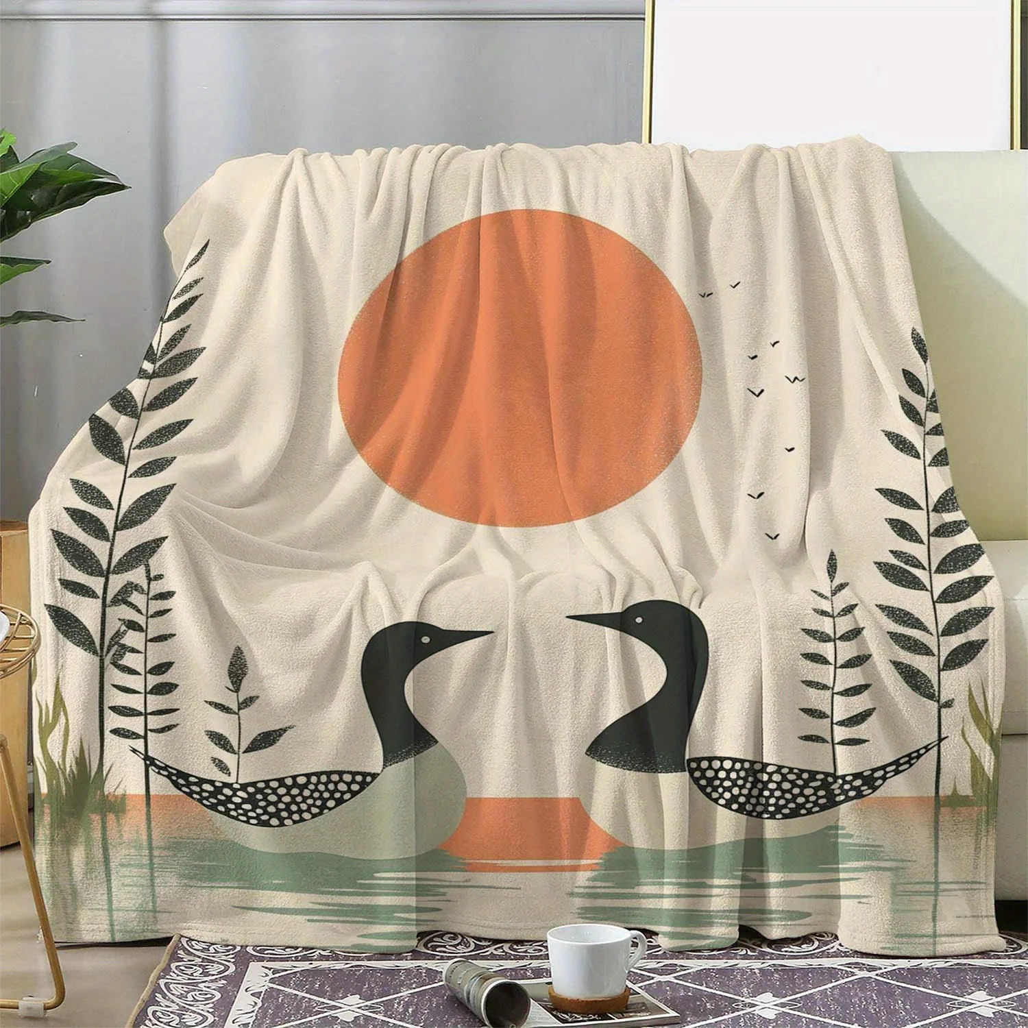 1pc  Vintage Japanese-Inspired Flannel Blanket - Soft Beige & Green Two Ducks by Water Design with Lotus Leaf & Willow Tree
