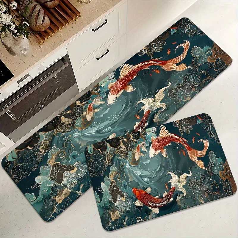 Vintage Oriental Carpet Rug Home Decoration Koi Fish Floor Mat Living Room Hallway Kitchen Black Gold Patterns Bedroom Decor