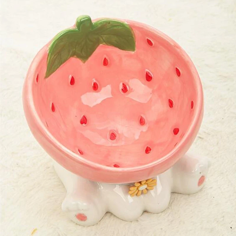 Cute Cartoon Fruit Orange Strawberry Shaped Ceramic High Foot Pet Protection Cervical Neck Dog Drinking Water Cat Food Bowl, 1Pc