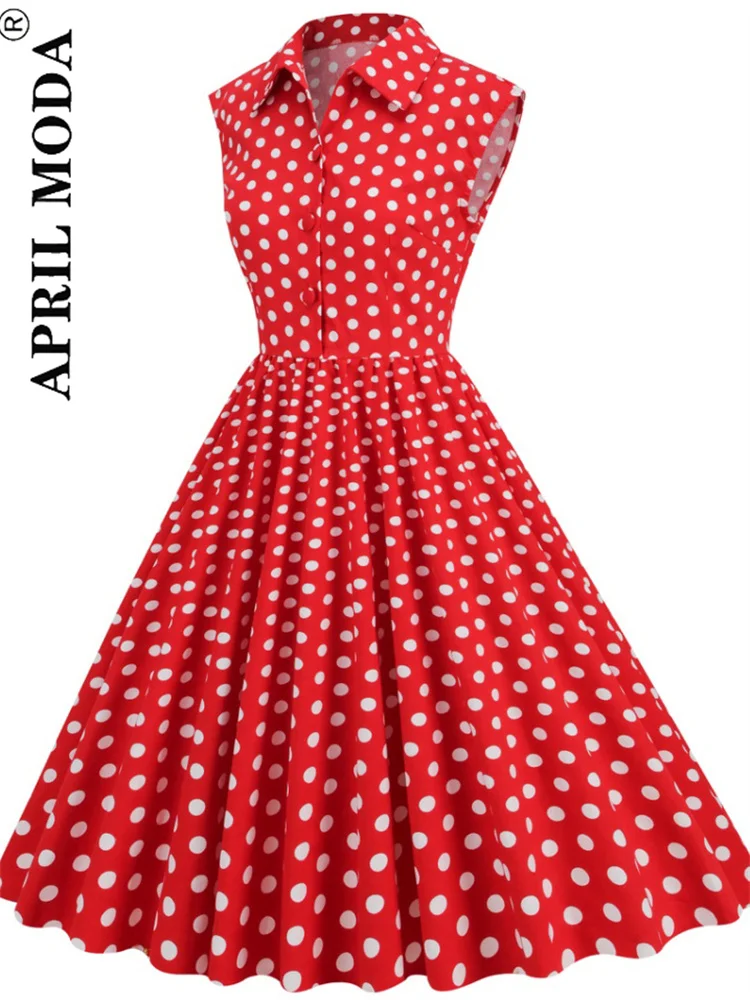 Retro Vintage 50s Tea Rockabilly Dress Polka Dot Print Pink White Blue Red Elegant Runway Midi Tunic Flare Evening Short Dresses