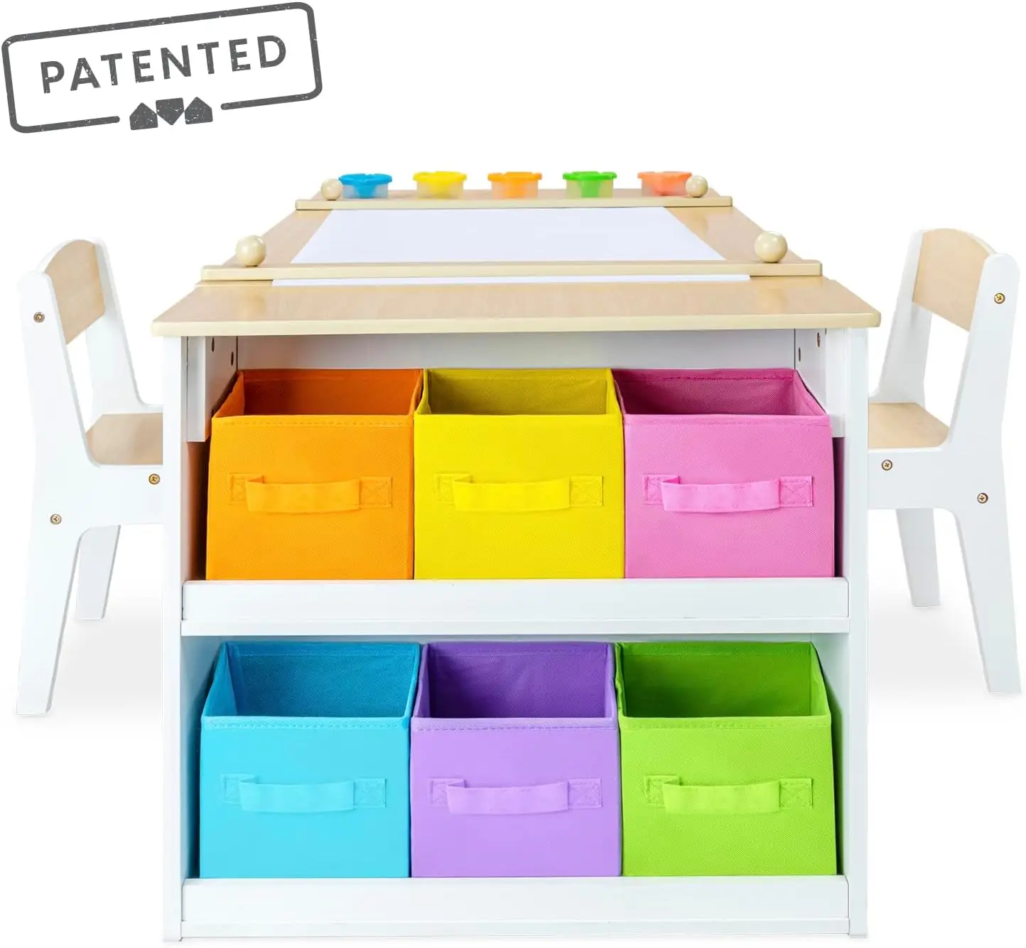 Art Table and Art Easel Table and Chair Set, Toddler Craft and Play Wood Activity Table with Storage Bins and Paper Roll