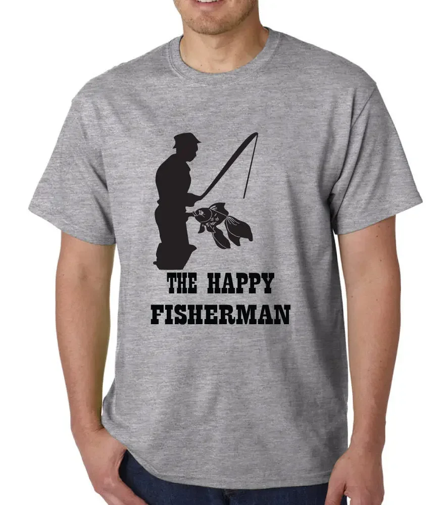 The Happy Fisherman. Anglers Birthday Gift Hipster T-Shirt 100% Cotton O-Neck Summer Short Sleeve Casual Mens T-shirt Size S-3XL