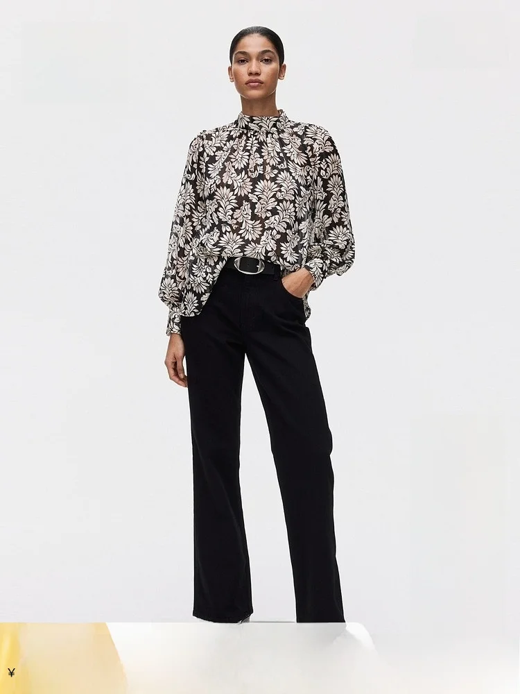 

H&M Elegant Style Women's Summer Shirt Stand Collar Long Sleeve Polyester Fiber Button Detail Fitted Shirt 1292620