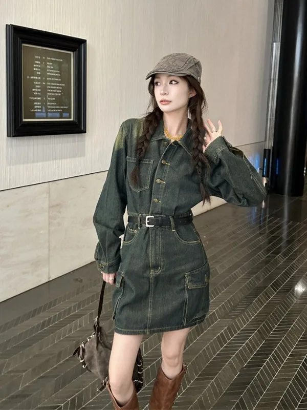 

plus Size Fashionable Retro Denim Dress Casual Waist-Cinching Design Short A-Line Skirt for Women Autumn New Style Commute Wind